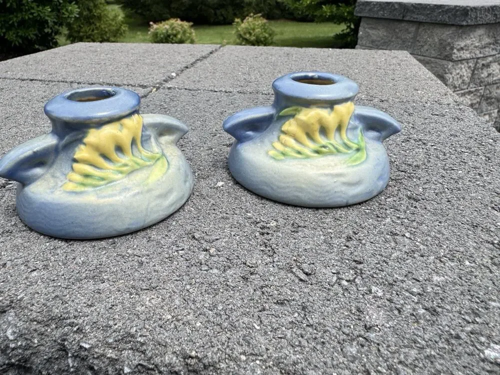 Roseville Freesia Blue Pottery Candle Holder Pair 1160-2 Candlestick Pair